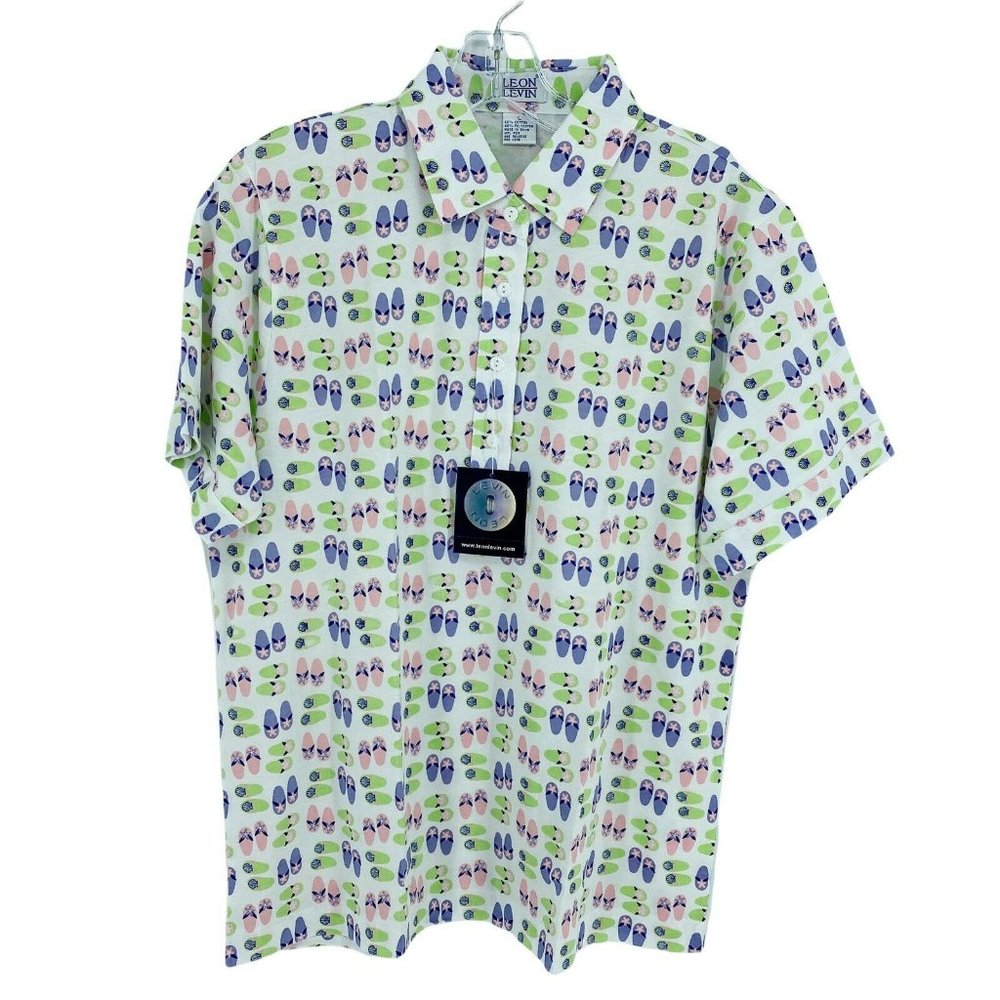 New Leon Levine Polo Shirt Womens Large Flip Flop Print Short Sleeve Blo…